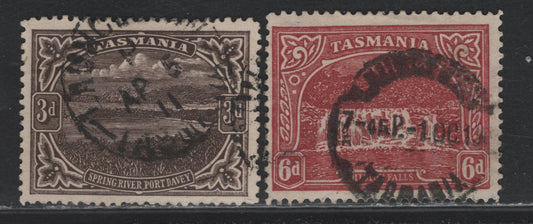 Lot 80 Australia - Tasmania SG#253-254 (SC# 105, 107) 3d - 6d Sepia - Carmine Lake , 1905-1911 Typographed Pictorial Issue, 2 Fine/Very Fine Used Singles, Crown Over A Wmk (Crown Pointing To The Right, In Error), Perf 12.5