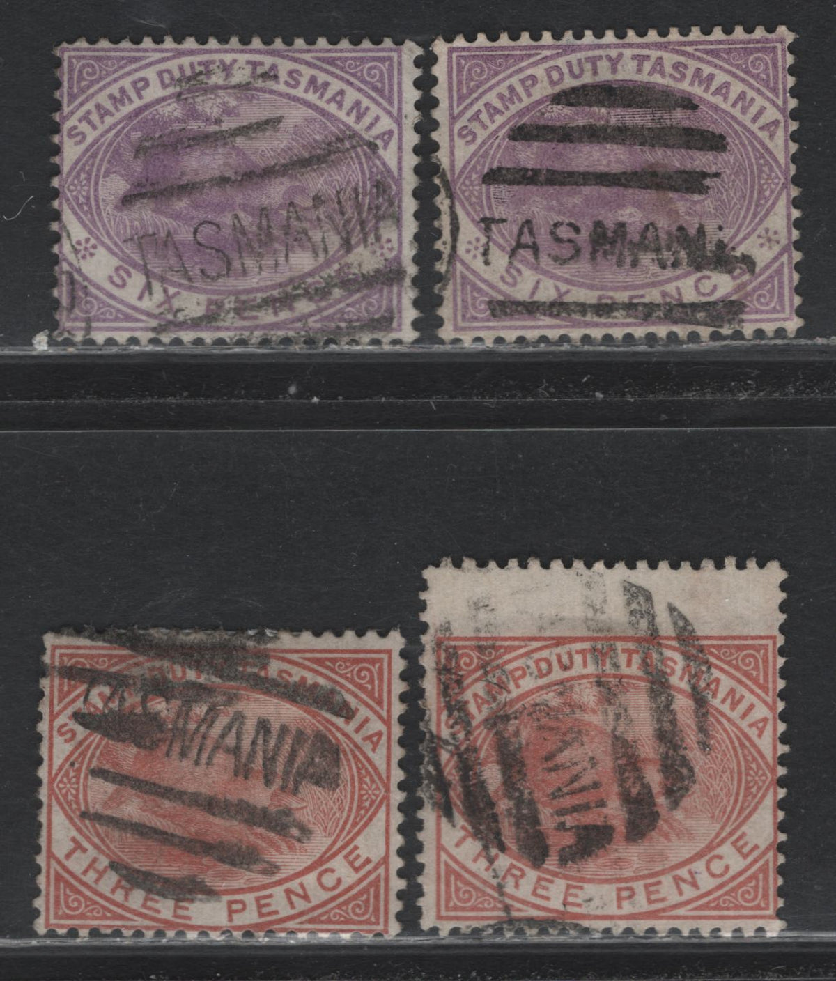Lot 82 Australia - Tasmania SG#F27-F28 (SC# AR25-AR26) 3d - 6d Chestnut - Mauve , 1880 Postal Fiscal Issue, 4 Fine/Very Fine Used Singles, TAS Wmk, All Cancelled With Barred Tasmania Cancels With Short & Taller Letters