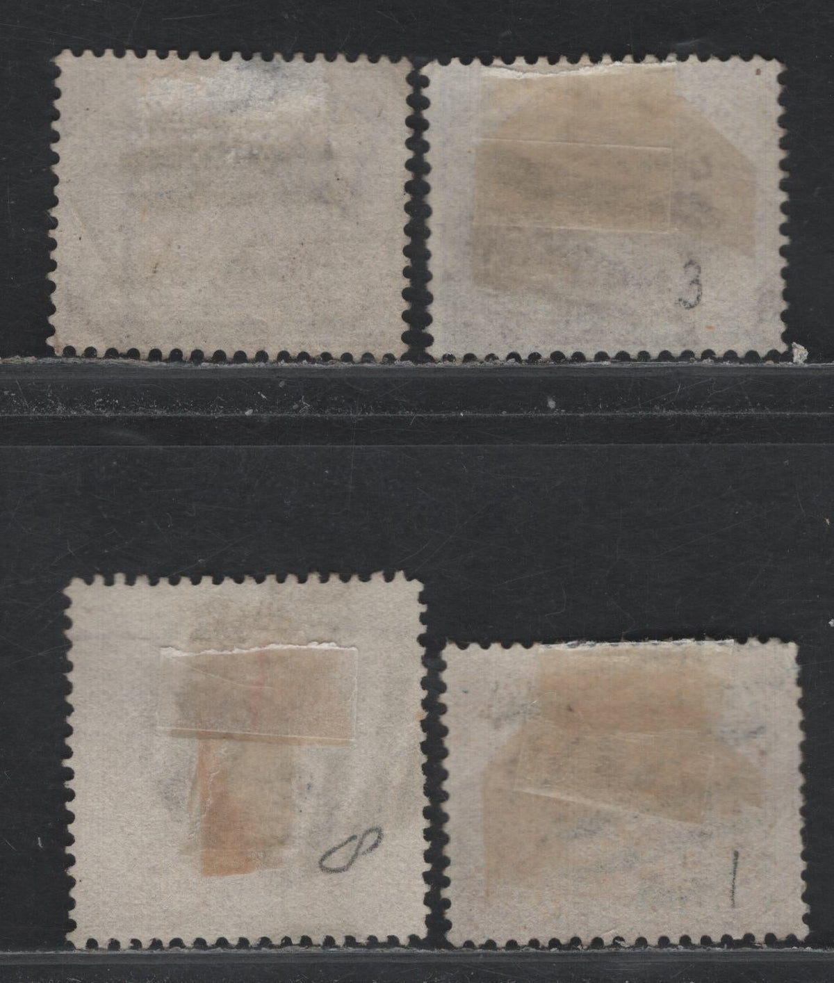 Lot 82 Australia - Tasmania SG#F27-F28 (SC# AR25-AR26) 3d - 6d Chestnut - Mauve , 1880 Postal Fiscal Issue, 4 Fine/Very Fine Used Singles, TAS Wmk, All Cancelled With Barred Tasmania Cancels With Short & Taller Letters