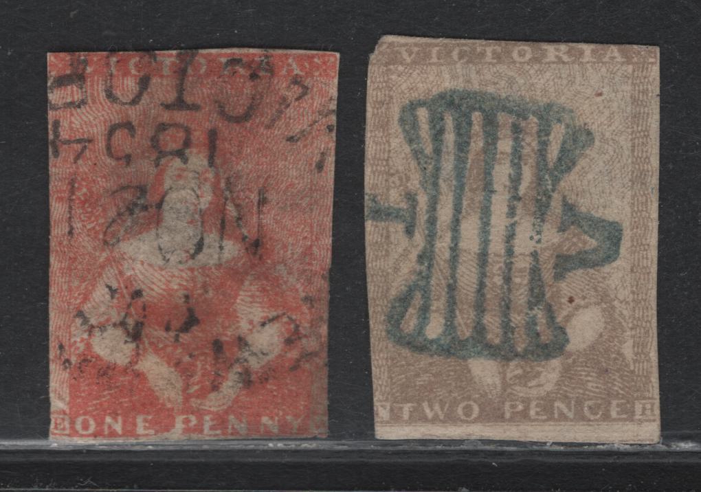 Lot 83 Australia - Victoria SG#8a, 13b (SC# 1, 5) 1d - 2d Dull Red - Lilac Drab , 1850-1853 Queen Victoria Half-Length Issue, 2 Ungraded Used Singles, Thomas Ham Printings, 1d Is Third State Of The Die, 2d Is 4th.