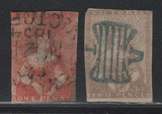 Lot 83 Australia - Victoria SG#8a, 13b (SC# 1, 5) 1d - 2d Dull Red - Lilac Drab , 1850-1853 Queen Victoria Half-Length Issue, 2 Ungraded Used Singles, Thomas Ham Printings, 1d Is Third State Of The Die, 2d Is 4th.