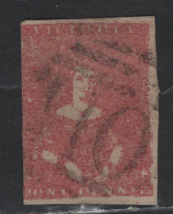 Lot 85 Australia - Victoria SG#27a (SC# 2) 1d Dull Rose Red , 1854-1857 Queen Victoria Half-Length Issue, A Very Good Used Single, Background Details Almost Fully Merged, Small Crease In Left Margin, C&F Printing