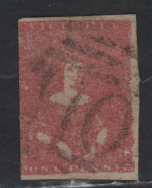 Lot 85 Australia - Victoria SG#27a (SC# 2) 1d Dull Rose Red , 1854-1857 Queen Victoria Half-Length Issue, A Very Good Used Single, Background Details Almost Fully Merged, Small Crease In Left Margin, C&F Printing