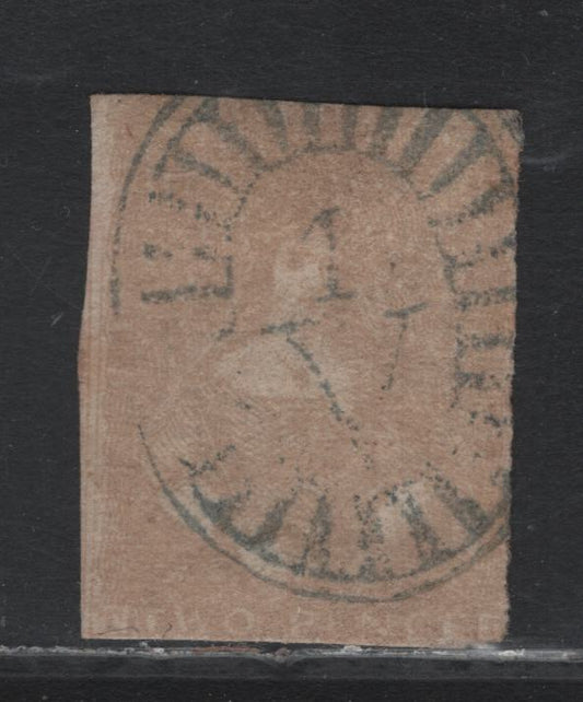 Lot 86 Australia - Victoria SG#17a (SC# 7) 2d Drab , 1850-1853 Queen Victoria Half-Length Issue, A Fair Used Single, Final State Of The Die, Showing Blurred Design Details, No Faults, Blue #1 Bootheel Cancel For Melbourne, Ham Printing.