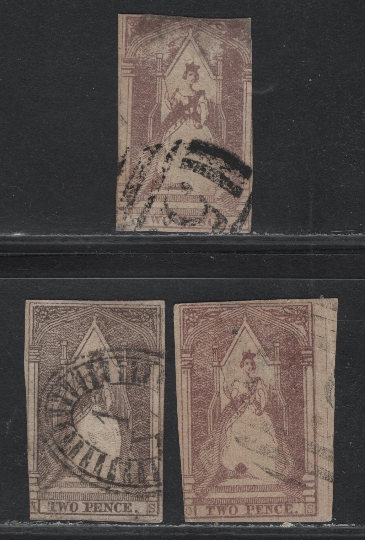 Lot 88 Australia - Victoria SG#19,c, 21 (SC# 15-16a) 2d Brownish Purple - Gray Purple , 1854 Queen On Thone Issue, 3 Very Good Used Singles, 1st & 3rd State Of Dies, JS Campbell Printing, Sound 1-3 Margin Examples.