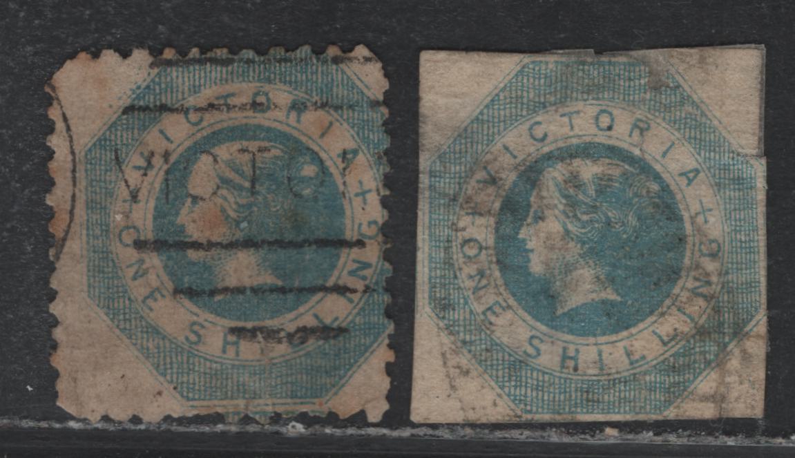 Lot 89 Australia - Victoria SG#25, 81 (SC# 18, 25) 1/- Blue , 1854 Queen On Thone Issue, 2 Ungraded Used Singles, C&F and Robinson Printings, Imperf & Per 12, Both With Moderate to Severe Faults.