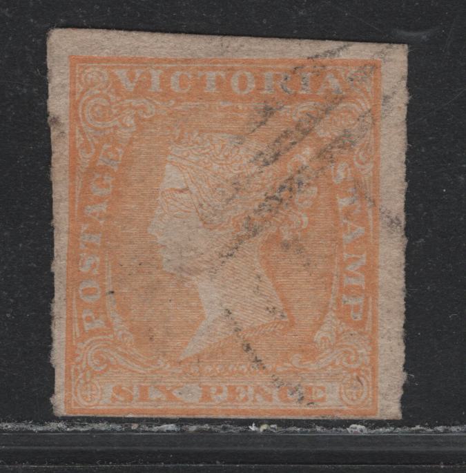Lot 91 Australia - Victoria SG#Unlisted 6d Orange , 1854 Calvert Woodblocks Issue, A Fine Used Single, Rouletted 7-9 On Sides, Imperf At Top & Bottom