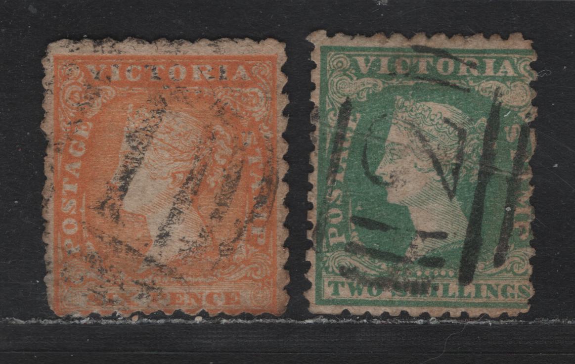 Lot 94 Australia - Victoria SG#58, 82 (SC# 24, 26) 6d - 2/- Orange - Blue Green , 1857-1859 Perforated/Rouletted Woodblocks Issue, 2 Good Used Singles, Serpentine Roulette 10-10.5 & Perf 12, SON#12 Barred Numeral Cancel For Sandhust/Bendigo