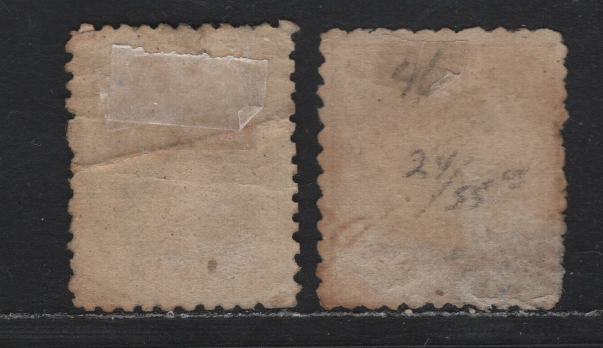Lot 94 Australia - Victoria SG#58, 82 (SC# 24, 26) 6d - 2/- Orange - Blue Green , 1857-1859 Perforated/Rouletted Woodblocks Issue, 2 Good Used Singles, Serpentine Roulette 10-10.5 & Perf 12, SON#12 Barred Numeral Cancel For Sandhust/Bendigo