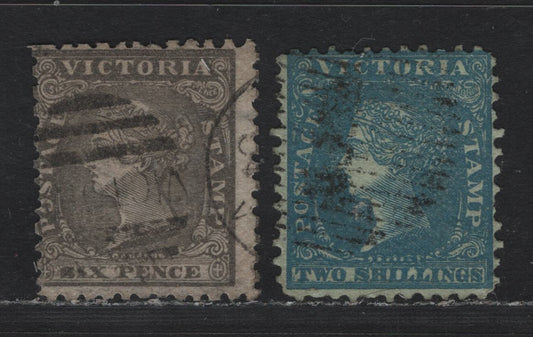 Lot 95 Australia - Victoria SG#102, 130ab (SC# 27-28) 6d - 2/- Gray Black - Blue on Green , 1861-1864 Woodblock Issue, 2 Very Good Used Singles, Six Pence & Single Lined 2 Wmk, Perf 12