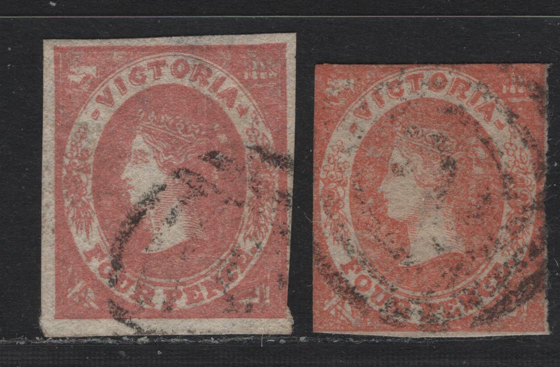 Lot 97 Australia - Victoria SG#43-44 (SC# 33-33a) 4d Dull Red - Dull Rose , 1857-1861 Imperf Emblems Issue, 2 Fine Used Singles, Large Star Wmk, Dull Red Has No Margins & Not Counted, Dull Rose Has 3 Clear To Large Margins, And Just Touching At LR.
