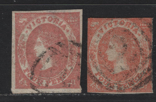 Lot 97 Australia - Victoria SG#43-44 (SC# 33-33a) 4d Dull Red - Dull Rose , 1857-1861 Imperf Emblems Issue, 2 Fine Used Singles, Large Star Wmk, Dull Red Has No Margins & Not Counted, Dull Rose Has 3 Clear To Large Margins, And Just Touching At LR.