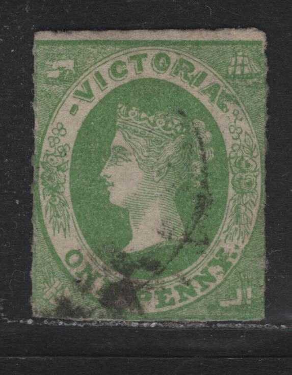 Lot 98 Australia - Victoria SG#62 (SC# 42) 1d Yellow Green , 1858 Rouletted Emblems Issue, A Fine Used Single, Rouletted 7-9.5, Unwatermakred