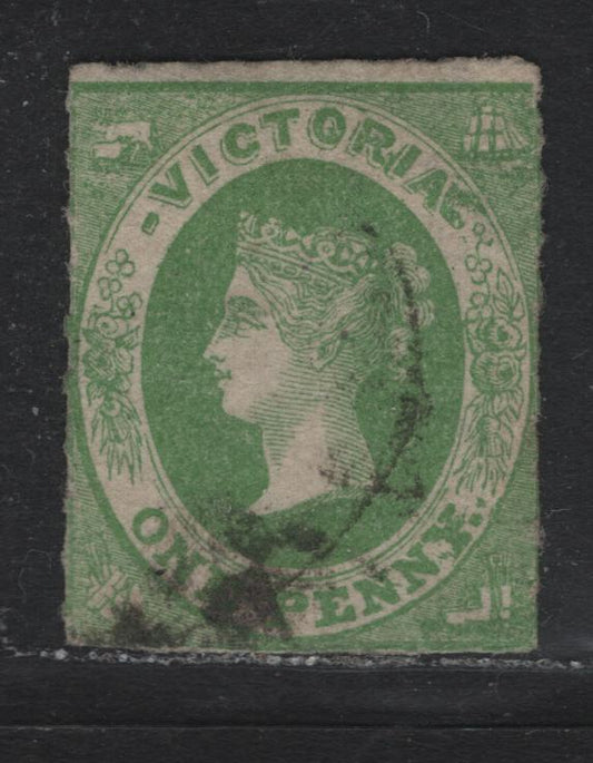 Lot 98 Australia - Victoria SG#62 (SC# 42) 1d Yellow Green , 1858 Rouletted Emblems Issue, A Fine Used Single, Rouletted 7-9.5, Unwatermakred