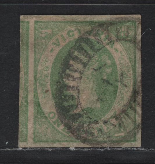 Lot 99 Australia - Victoria SG#64a (SC# 37a) 1d Emerald , 1858 Imperf Emblems Issue, A Very Fine Used Single, Unwatermarked, #1 Melbourne Bootheel Cancel, Large Margins All Around, Portion Of Adjoining Stamp Visible At Left.