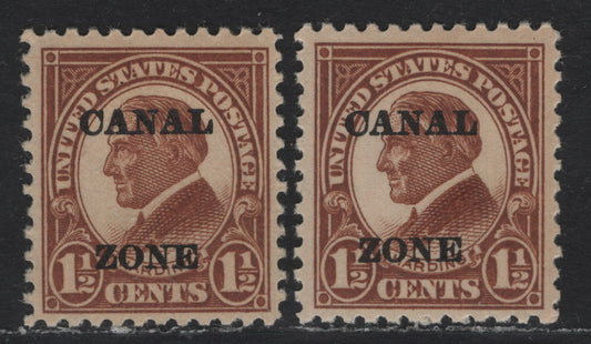 Lot 10 Canal Zone (C) SC#72 11/2c Brown , 1922-1925 4th Bureau Canal Zone Overprinted Issue Flat Plate Printing, Flat Topped A, 2 VFOG Singles, Flat Plate Printings, One Normal, One Showing Joined AN Flaw.