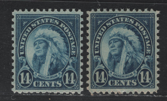 Lot 101 United States SC#695 14c - 15c Dark Blue - Brighter , 1926-1934 4th Bureau Issue, Rotary Press, Perf. 11 x 10.5, 2 VFNH Singles, Type 3 Gum Breaker Ridges Spaced 12mm Apart, 12 Vertical Gum Striations Per Inch