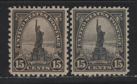 Lot 102 United States SC#696 15c Gray - Blackish Gray , 1931 4th Bureau Issue, 2 VFNH Singles, Type 3 Gum Breaker Ridges, 24 Vertical Gum Striations Per Inch