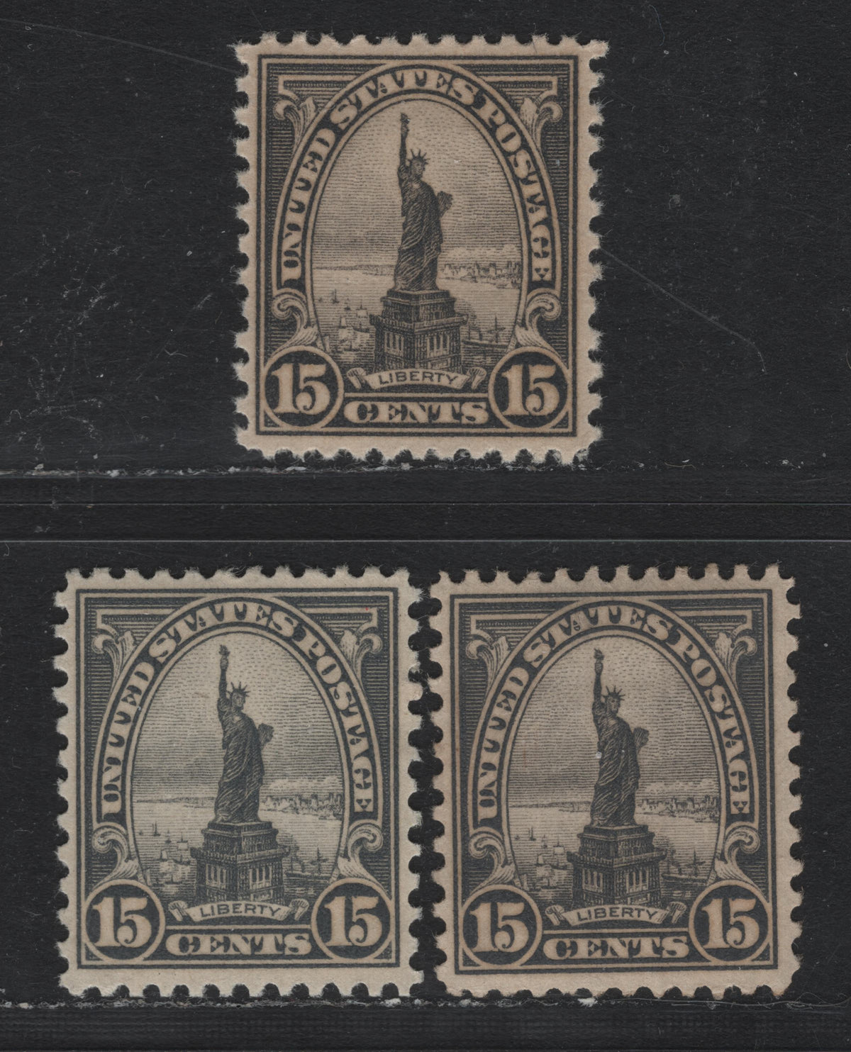 Lot 104 United States SC#696 15c Bluish Gray - Deep Gray , 1931 4th Bureau Issue, 3 VFNH Singles, Type 3 Gum Breaker Ridges, 12 Vertical Gum Striations Per Inch