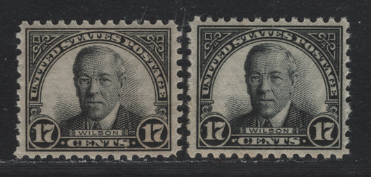Lot 108 United States SC#697 17c Black - Gray Black , 1926-1934 4th Bureau Issue, Rotary Press, Perf. 10.5 x 11, 2 VFNH Singles, Type 3 Gum Breaker Ridges, 24 Horizontal Gum Striations Per Inch