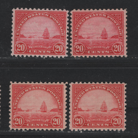Lot 112 United States SC#698 20c Carmine & Scarlet , 1931 4th Bureau Issue, 4 VFNH Singles, 2 Shades Of Each, Rotary Press, Perf 10.5x11, Type 3 Gum Breaker Ridges, 12 Horizontal Gum Striations Per Inch.