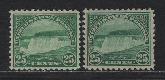 Lot 113 United States SC#699 25c Bright Emerald Green - Bluish Green , 1926-1934 4th Bureau Issue, Rotary Press, Perf. 10.5 x 11, 2 VFNH Singles, Type 3 Gum Breaker Ridges, 12 Horizontal Striations Per Inch