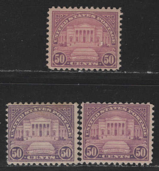 Lot 122 United States SC#701 50c Lilac - Dull Red Lilac , 1931 4th Bureau Issue, 3 FNH Singles, Type 3 Gum Breaker Ridges, 12 Horizontal Gum Striations Per Inch