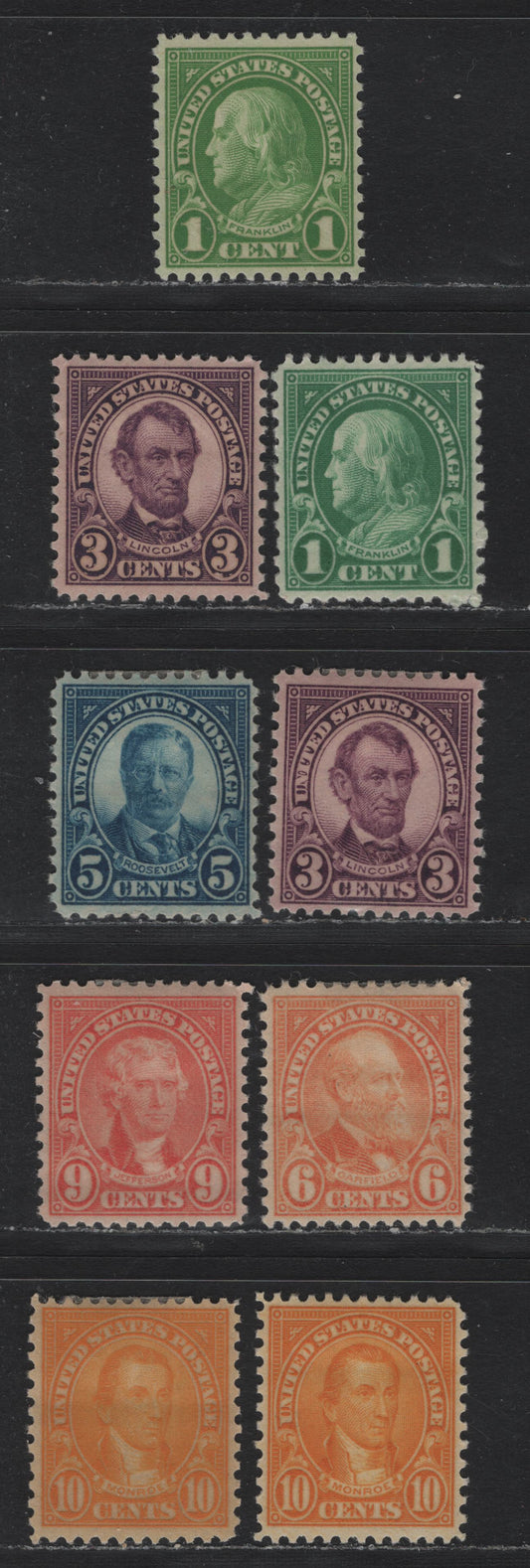 Lot 129 United States SC#632, 635, 637-638, 642 1c - 10c Yellow Green - Yellow Orange , 1926-1934 4th Bureau Issue, VFOG Singles, Type 2 Gum Breaker Ridges, 12 Vertical Gum Striations Per Inch