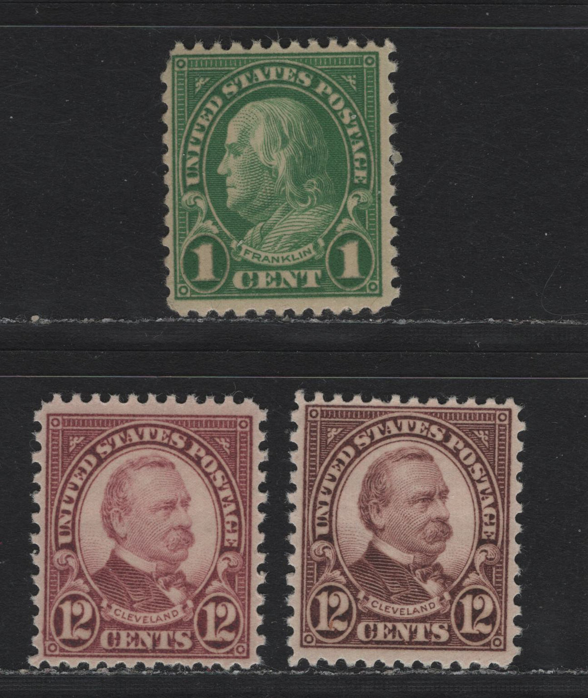 Lot 130 United States SC#632, 693 1c - 12c Deep Yellow Green - Pale Bright Claret , 1926-1930 4th Bureau Issue, 3 FNH Singles, Type 2 Gum Breaker Ridges, 12 Vertical Gum Striations Per Inch