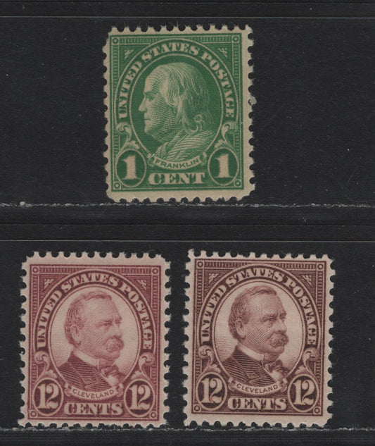 Lot 130 United States SC#632, 693 1c - 12c Deep Yellow Green - Pale Bright Claret , 1926-1930 4th Bureau Issue, 3 FNH Singles, Type 2 Gum Breaker Ridges, 12 Vertical Gum Striations Per Inch