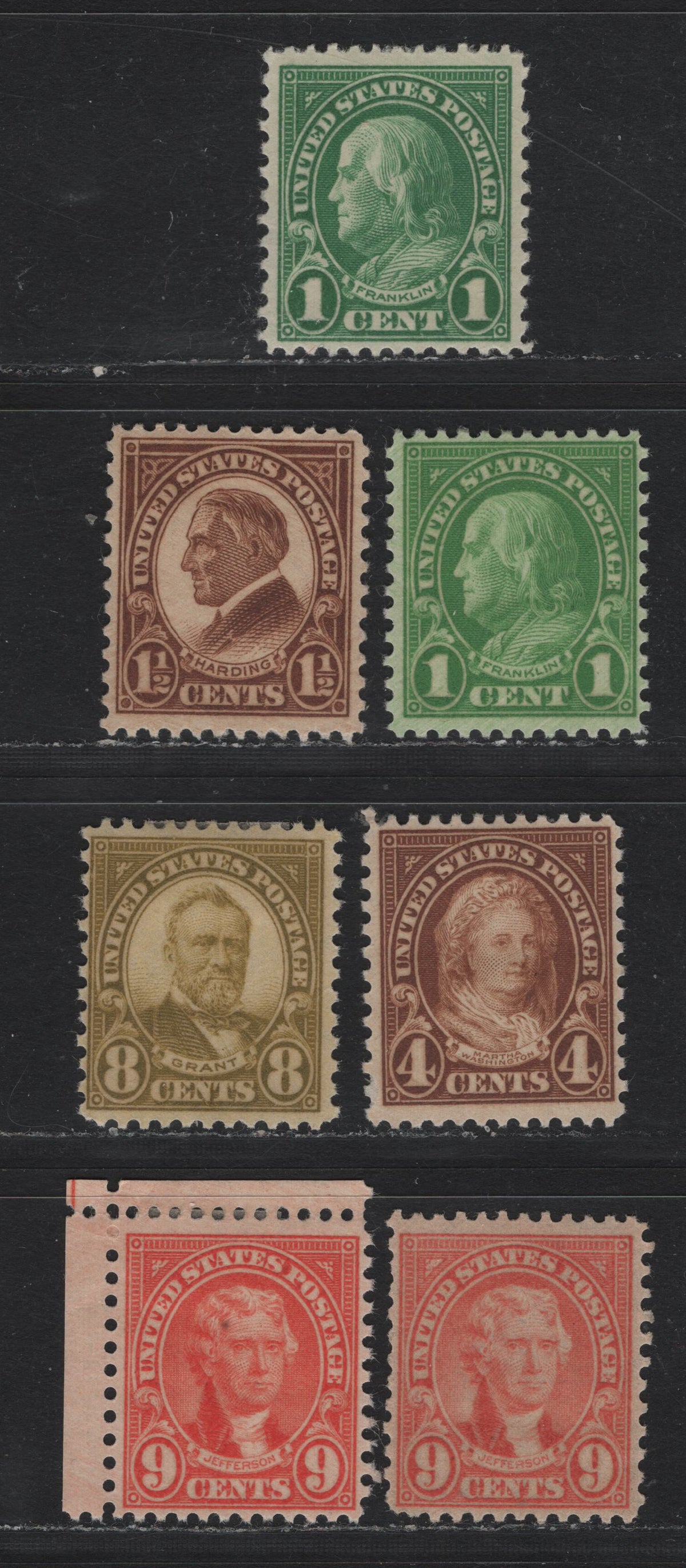 Lot 131 United States SC#632-633, 636, 640-641 1c - 9c Deep Emerald - Bright Salmon , 1926-1930 4th Bureau Issue, 7 FOG Singles, Type 2 Gum Breaker Ridges, 12 Vertical Gum Striations Per Inch