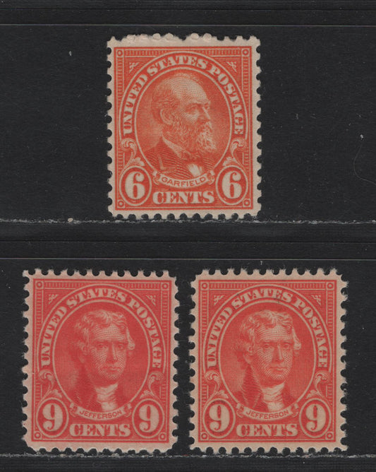 Lot 134 United States SC#638, 641 6c - 9c Bright Orange - Deep Salmon Rose , 1926-1934 4th Bureau Issue, Rotary Press, Perf. 11 x 10.5 or 10.5 x 11, 3 VFOG Singles, Type 3 Gum Breaker Ridges Spaced 12mm Apart, No Visble Gum Striations