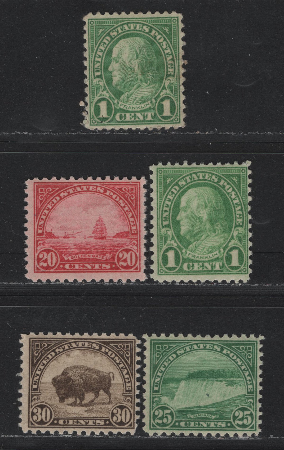 Lot 136 United States SC#632, 698-700 1c - 30c Deep Yellow Green - Olive Brown , 1926-1934 4th Bureau Issue, Rotary Press, Perf. 11 x 10.5 or 10.5 x 11, 5 FNH Singles, Type 3 Gum Breaker Ridges, No Visible Striations