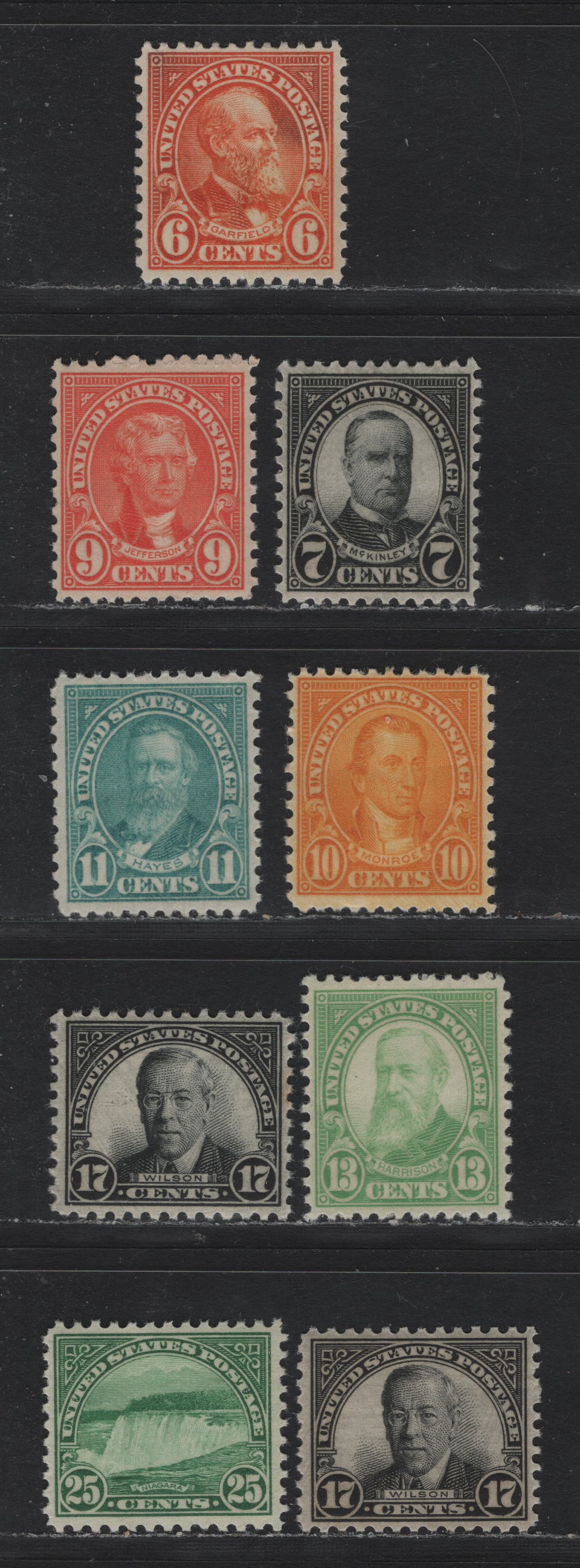 Lot 137 United States SC#638/699 6c -25c Orange - Bright Emerald , 1926-1934 4th Bureau Issue, Rotary Press, Perf. 11 x 10.5 or 10.5 x 11, 9 VFNH Singles, Type 3 Gum Breaker Ridges Spaced 12mm Apart, 24 Vertical Gum Striations Per Inch