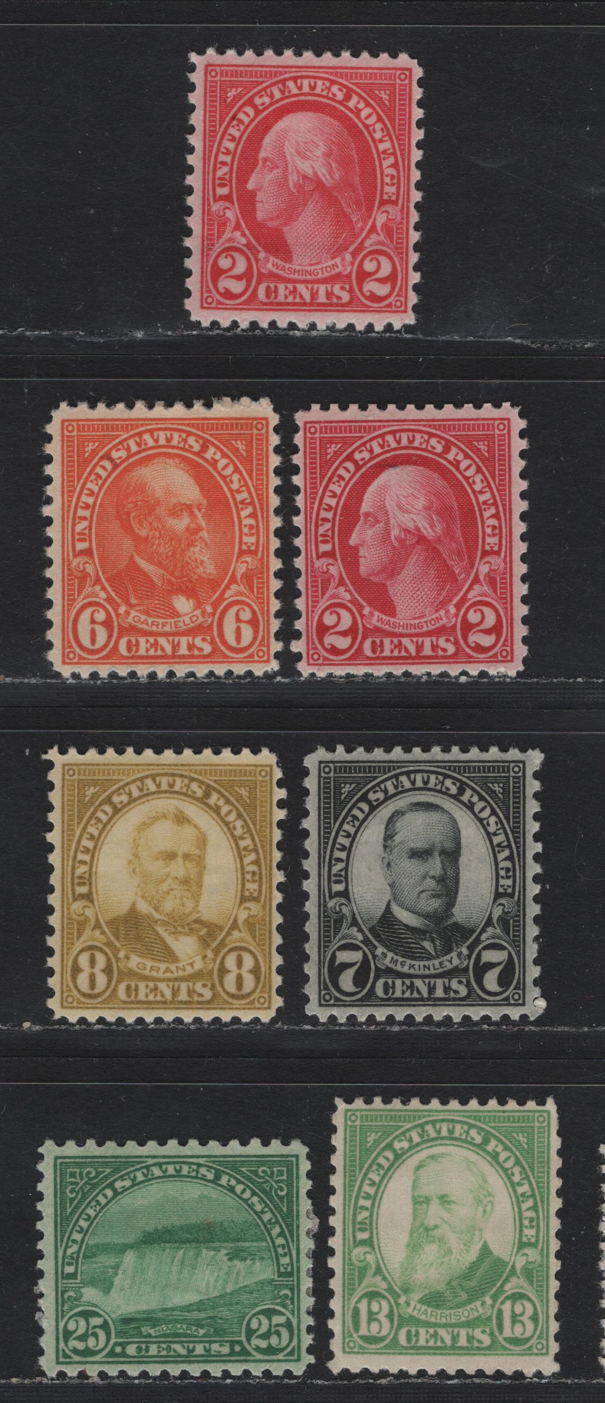 Lot 138 United States SC#634, 638-640, 694, 699 2c - 25c Carmine - Deep Emerald Green , 1926-1934 4th Bureau Issue, Rotary Press, Perf. 11 x 10.5 or 10.5 x 11, 7 VFOG Singles, Type 3 Gum Breaker Ridges, 24 Horizontal Gum Striations Per Inch