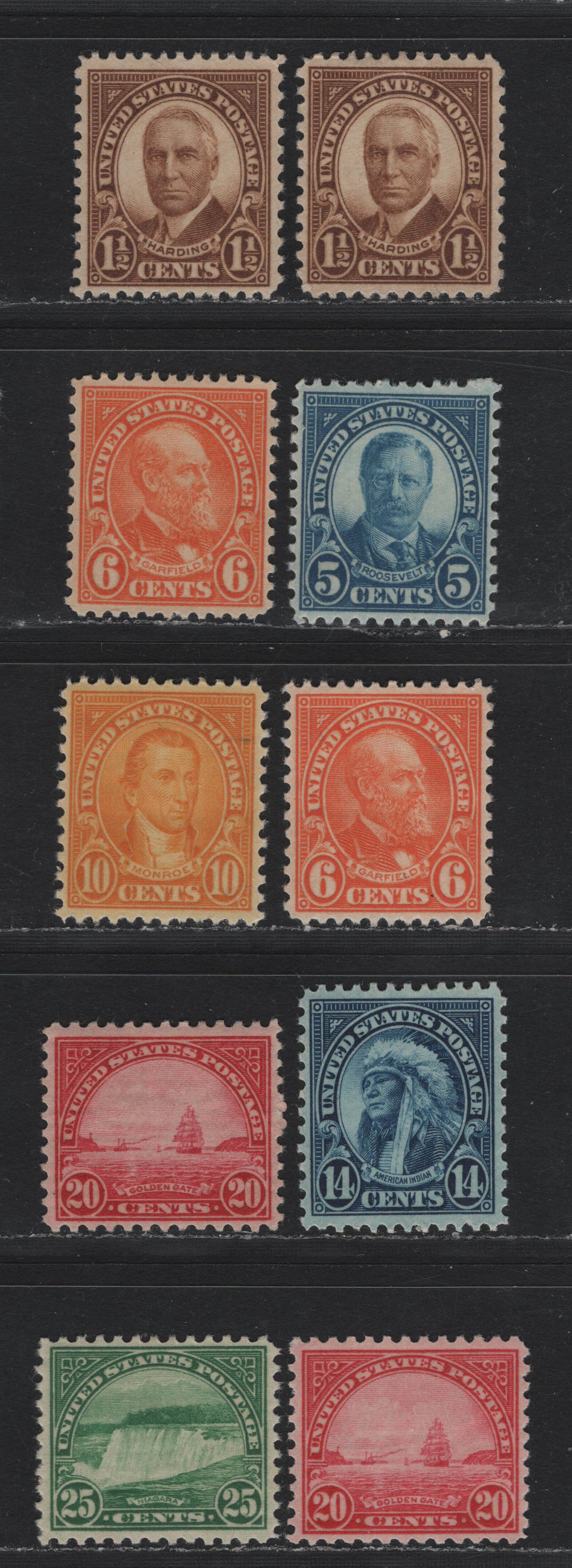 Lot 141 United States SC#637/699 1.5c - 25c Yellow Brown - Deep Bright Emerald , 1926-1934 4th Bureau Issue, Rotary Press, Perf. 11 x 10.5 or 10.5 x 11, 9 VFOG Singles, Type 3 Gum Breaker Ridges, 12 Horizontal Or Vertical Gum Striations Per Inch
