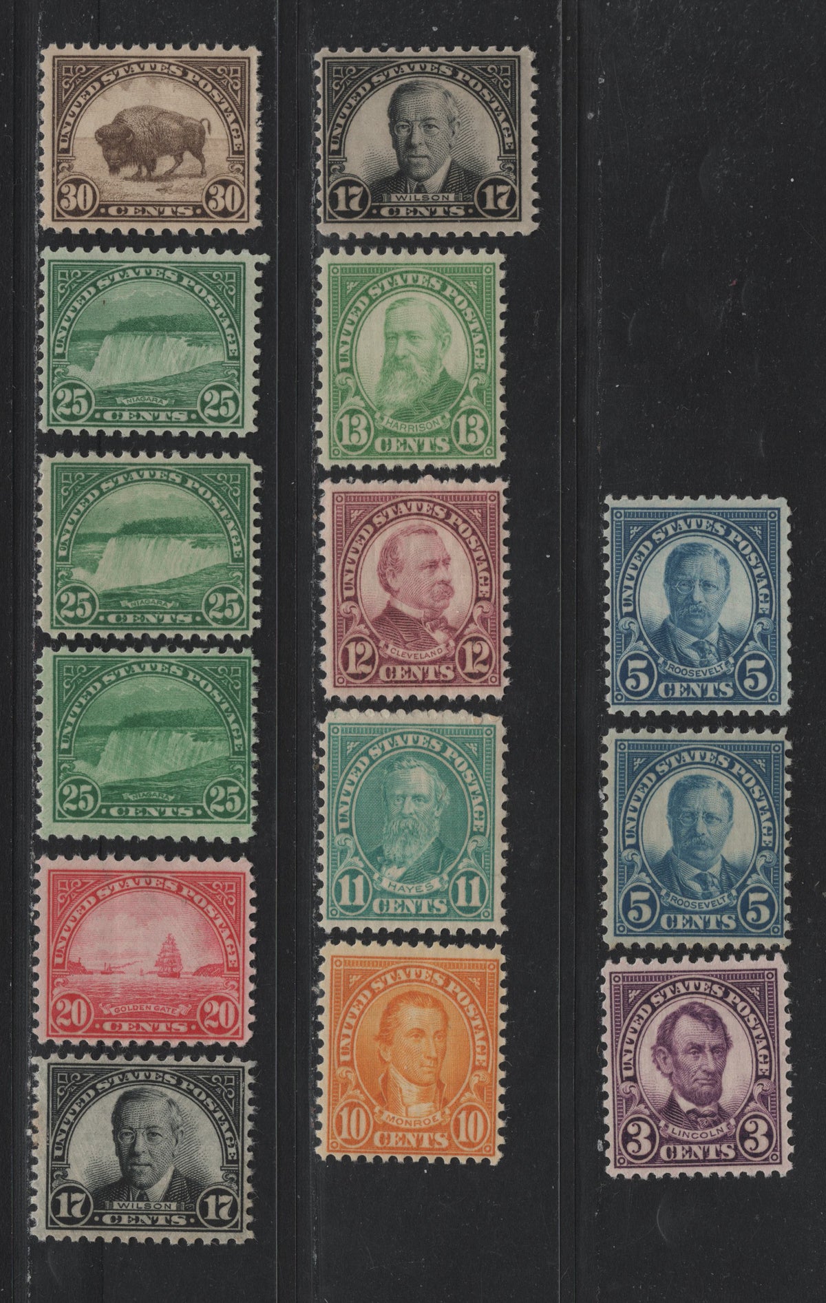 Lot 142 United States SC#635/699 3c - 25 Bright Violet - Bluish Emerald , 1926-1934 4th Bureau Issue, Rotary Press, Perf. 11 x 10.5 or 10.5 x 11, 13 FNH Singles, Type 3 Gum Breaker Ridges, 12 Horizontal Or Vertical Gum Striations Per Inch