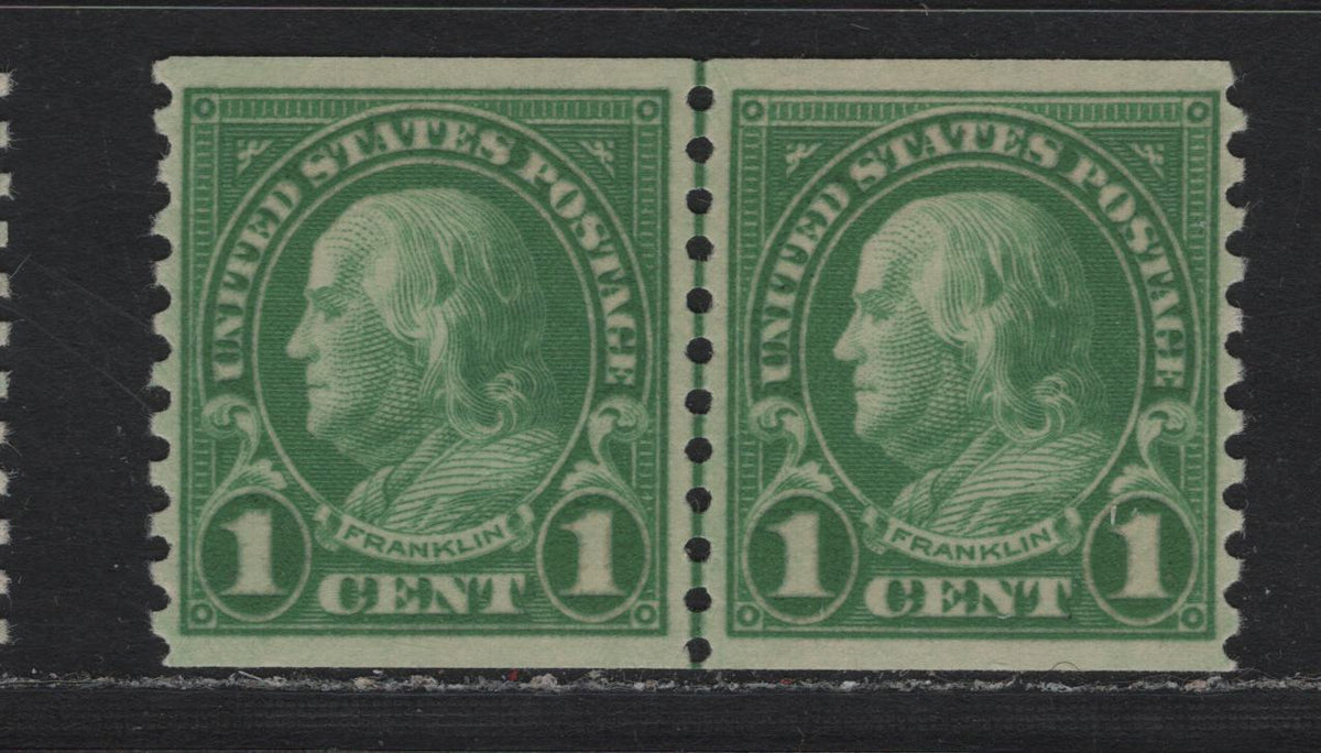 Lot 144 United States SC#597 1c Bright Green , 1926-1934 4th Bureau Issue, A XFNH Line Pair, Perf 12 Horizontal, 12 Horizontal Gum Striations Per Inch, Extremely Fine Centering.