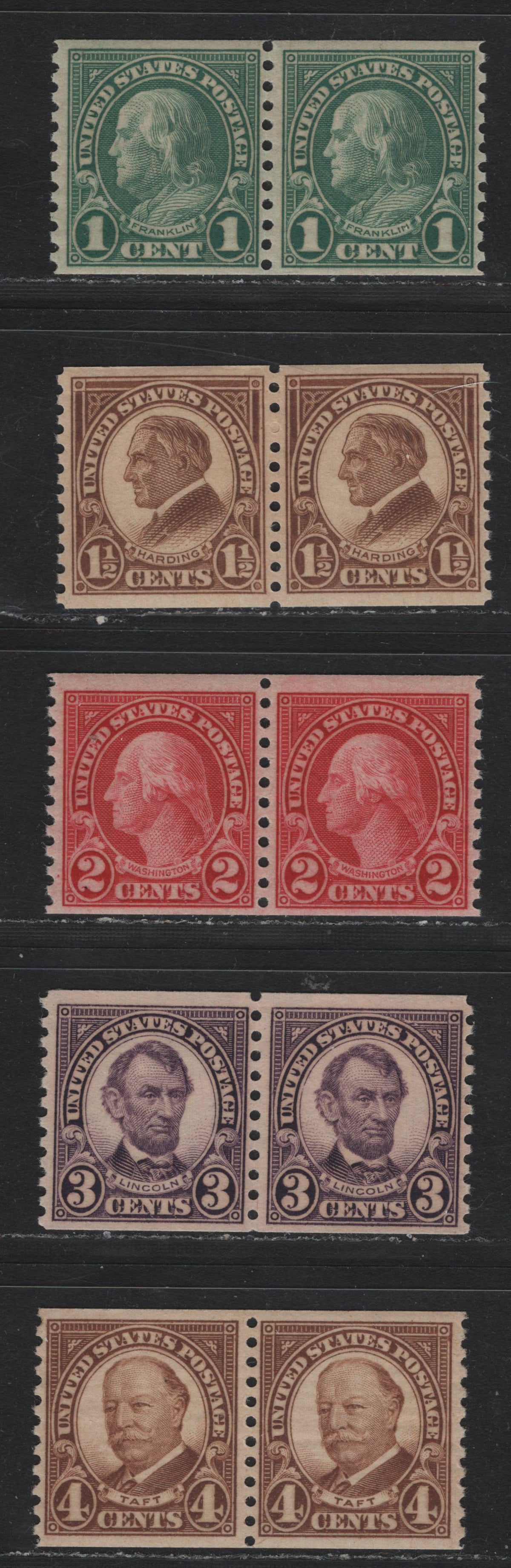 Lot 145 United States SC#597-600, 687 1c - 4c Deep Green - Yellow Brown , 1926-1934 4th Bureau Issue, 5 VFNH Coil Pairs, No Visible Horizontal Gum Striations, The 2c Is Deep Carmine Red & Type 1
