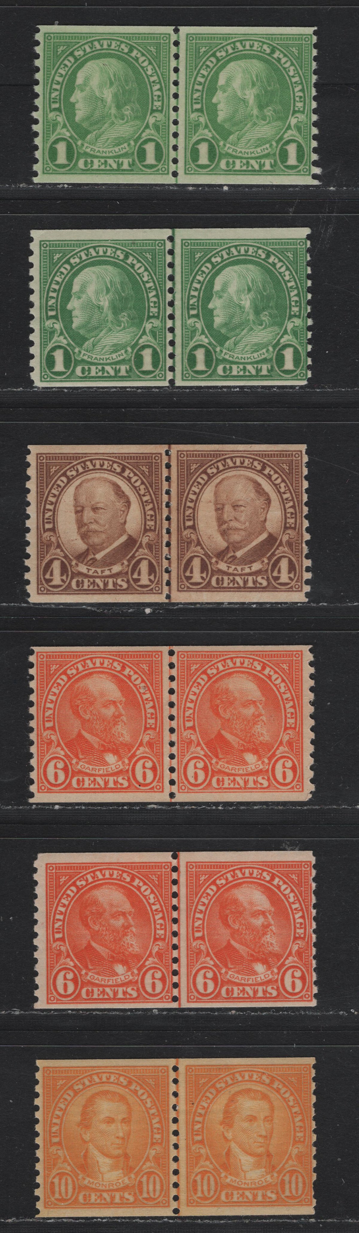 Lot 147 United States SC#597, 603, 687, 723 1c - 10c Emerald Green - Dull Yellow Orange , 1926-1934 4th Bureau Issue, 6 FNH Coil Line Pairs, 12 Horizontal Striations Per Inch