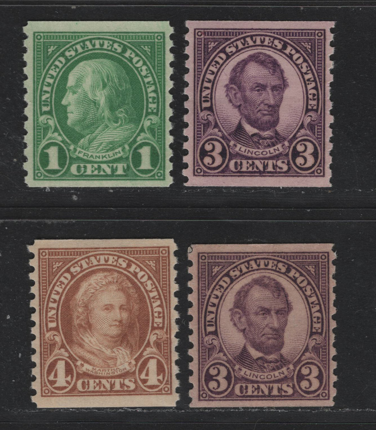 Lot 148 United States SC#597, 600-601 1c - 4c Bright Emerald - Pale Yellow Brown , 1926-1934 4th Bureau Issue, 4 VFNH Coil Singles, 12 Horizontal Gum Striations Per Inch