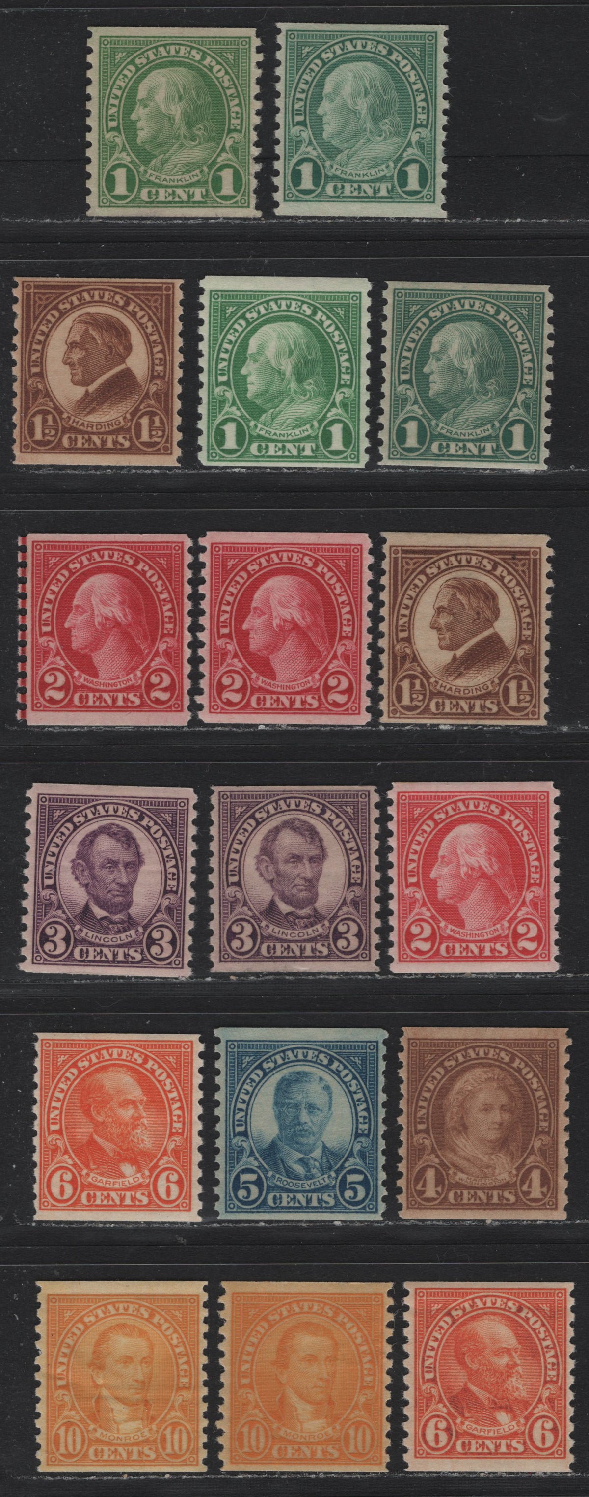 Lot 149 United States SC#597-603, 723 1c - 10c Deep Emerald - Bright Orange Yellow , 1926-1934 4th Bureau Issue, 16 VFOG Coil Singles, Multiple Shades Of Most Values, 12 Horizontal Gum Striations Per Inch