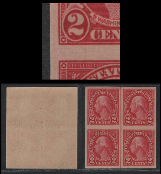 Lot 14 United States SC#577 2c Carmine , 1922-1925 4th Bureau Issue Flat Plate Printings, A VFNH Center Line Block Of 4, Faint Hairline Between 2 Left Stamps