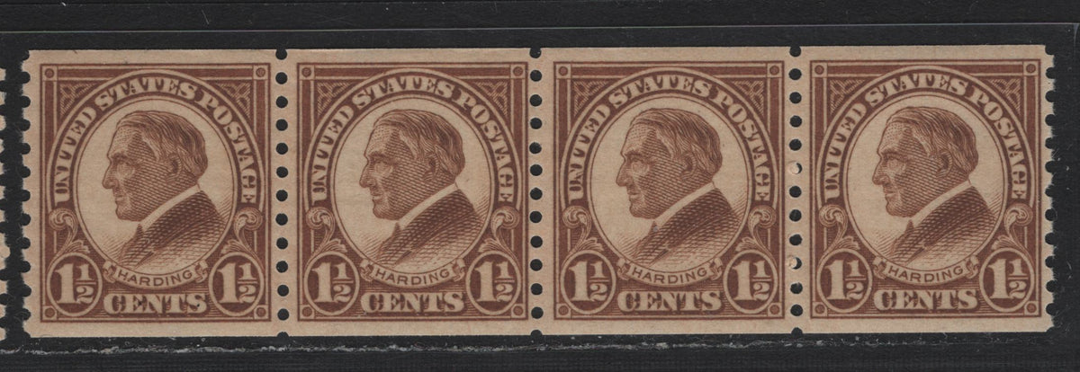 Lot 153 United States SC#598 1.5c Yellow Brown , 1926-1934 4th Bureau Issue, A VFNH Coil Strip Of 4, No Visible Gum Striations