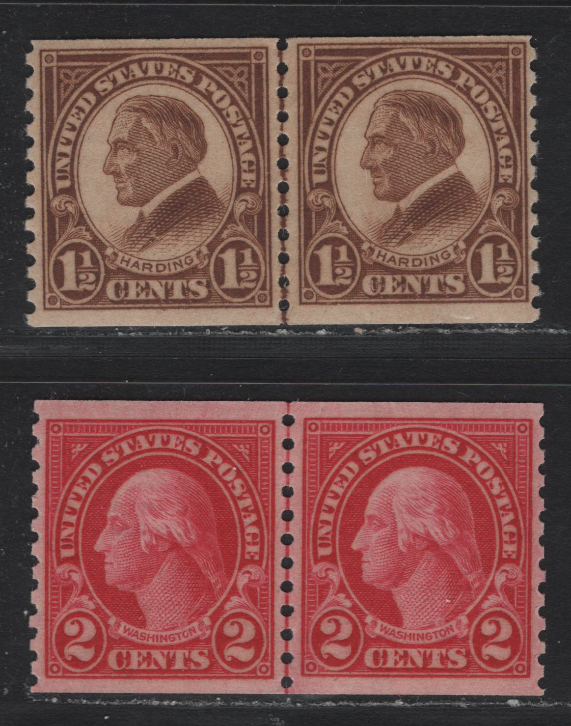 Lot 154 United States SC#598-599 1.5c - 2c Deep Yellow Brown , 1922-1925 4th Bureau Issue, 2 VFNH Coil Line Pairs, Type 1, Both Showing 12 Horizontal Gum Striations Per Inch On The Gum