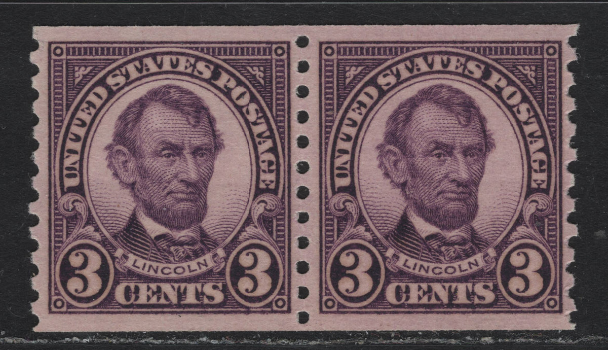 Lot 166 United States SC#600 3c Violet , 1926-1934 4th Bureau Issue, A VFNH Coil Pair, 12 Horizontal Gum Striations Per Inch