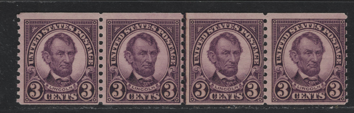 Lot 169 United States SC#600 3c Violet , 1926-1934 4th Bureau Issue, A FNH Coil Jump Line Strip Of 4, Showing Slight Jump Between The Two Pairs, 12 Horizontal Gum Striations Per Inch