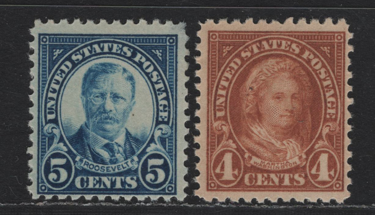 Lot 18 United States SC#556-557 43-5c Pale Yellow Brown - Dark Blue , 1922-1925 4th Bureau Issue, 2 VG/FOG Singles, Flat Plate Printings, 5c Has A Thin In The UR Corner