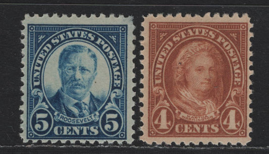 Lot 18 United States SC#556-557 43-5c Pale Yellow Brown - Dark Blue , 1922-1925 4th Bureau Issue, 2 VG/FOG Singles, Flat Plate Printings, 5c Has A Thin In The UR Corner