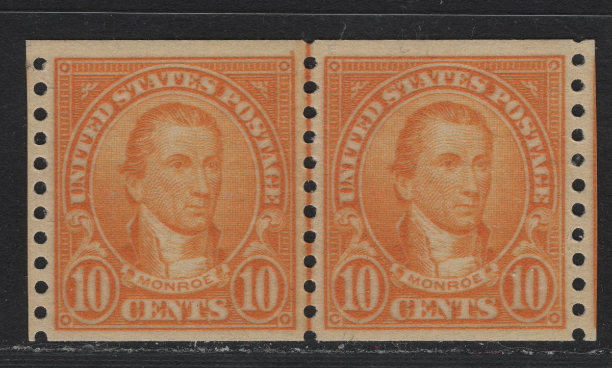 Lot 187 United States SC#603var 10c Bright Orange Yellow , 1923-1929 4th Bureau Issue, A VFNH Coil Line Pair, 12 Horizontal Gum Striations Per Inch